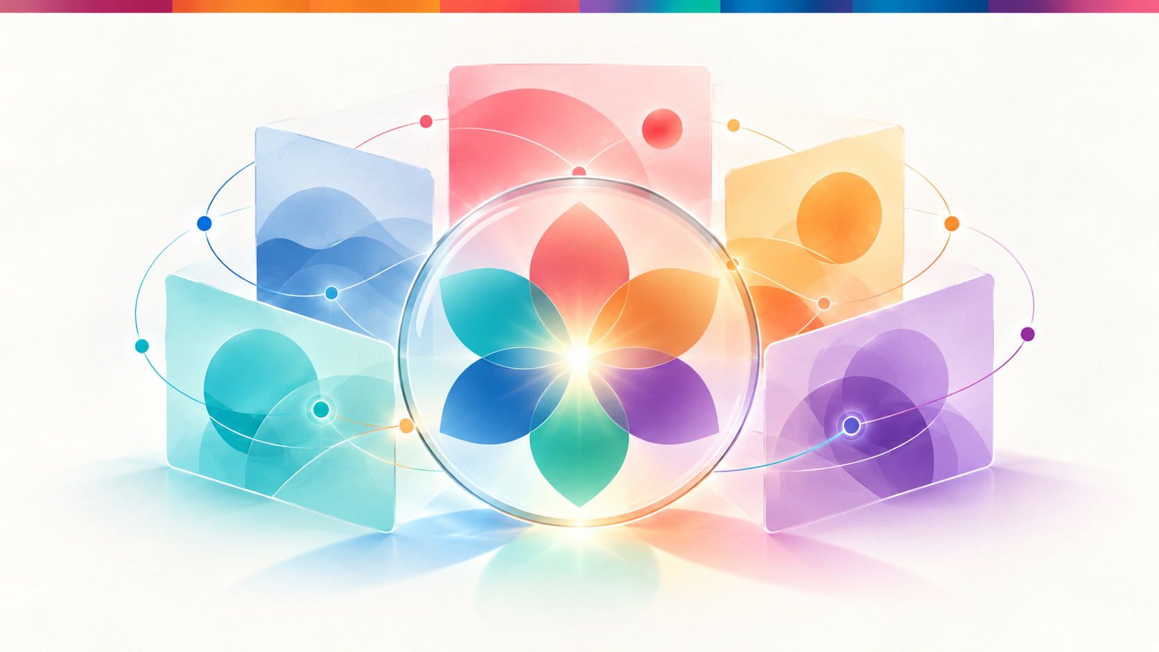 BRITER-style lens over layered perspective cards and a six-petal flower, representing leadership judgment before action.