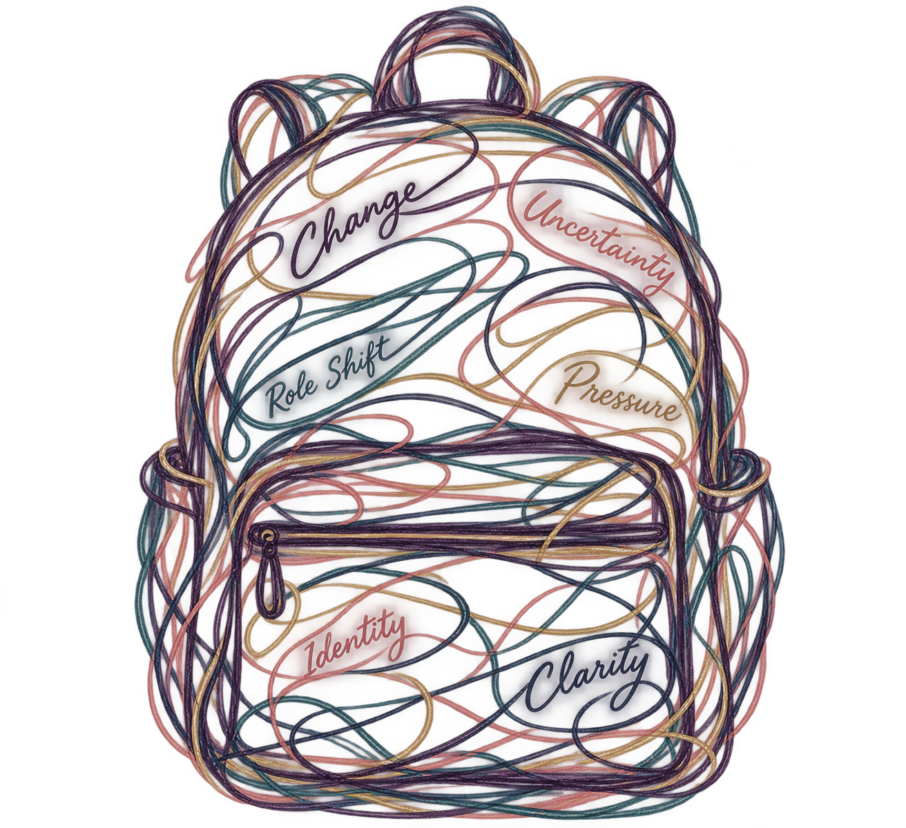 A sketched backpack formed by scribbled lines and change words, including change, uncertainty, role shift, pressure, identity, and clarity.